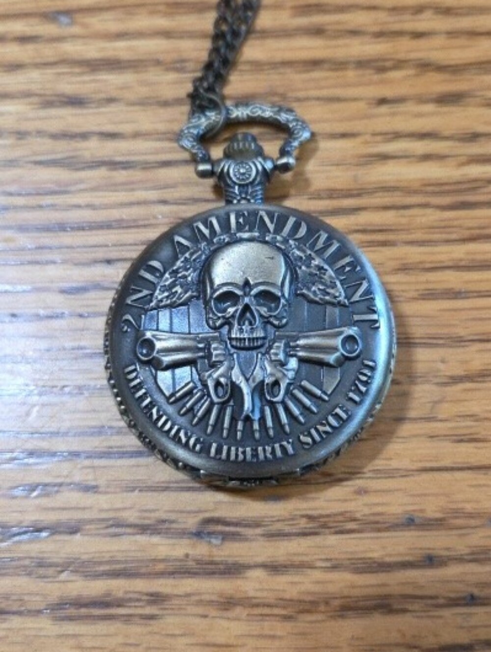 2nd Amendment Skull Pocket Watch Necklace - Silver-Tone Men’s Pendant